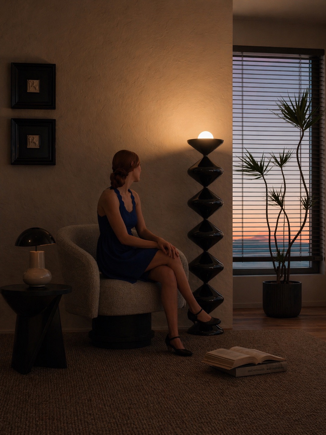A counseling room with warm lamp light and a seated client.