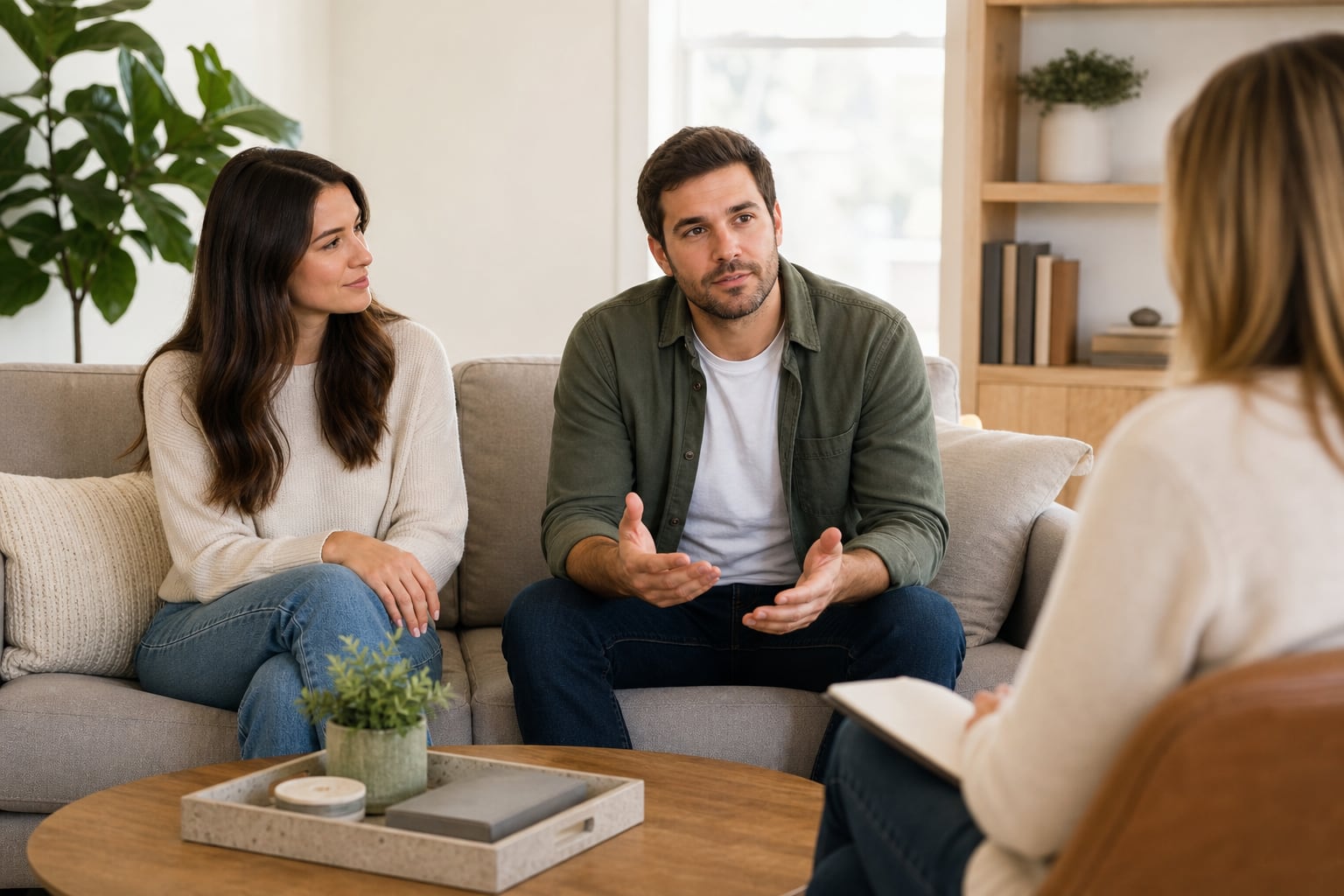Two partners speaking with a therapist in a comfortable counseling office.