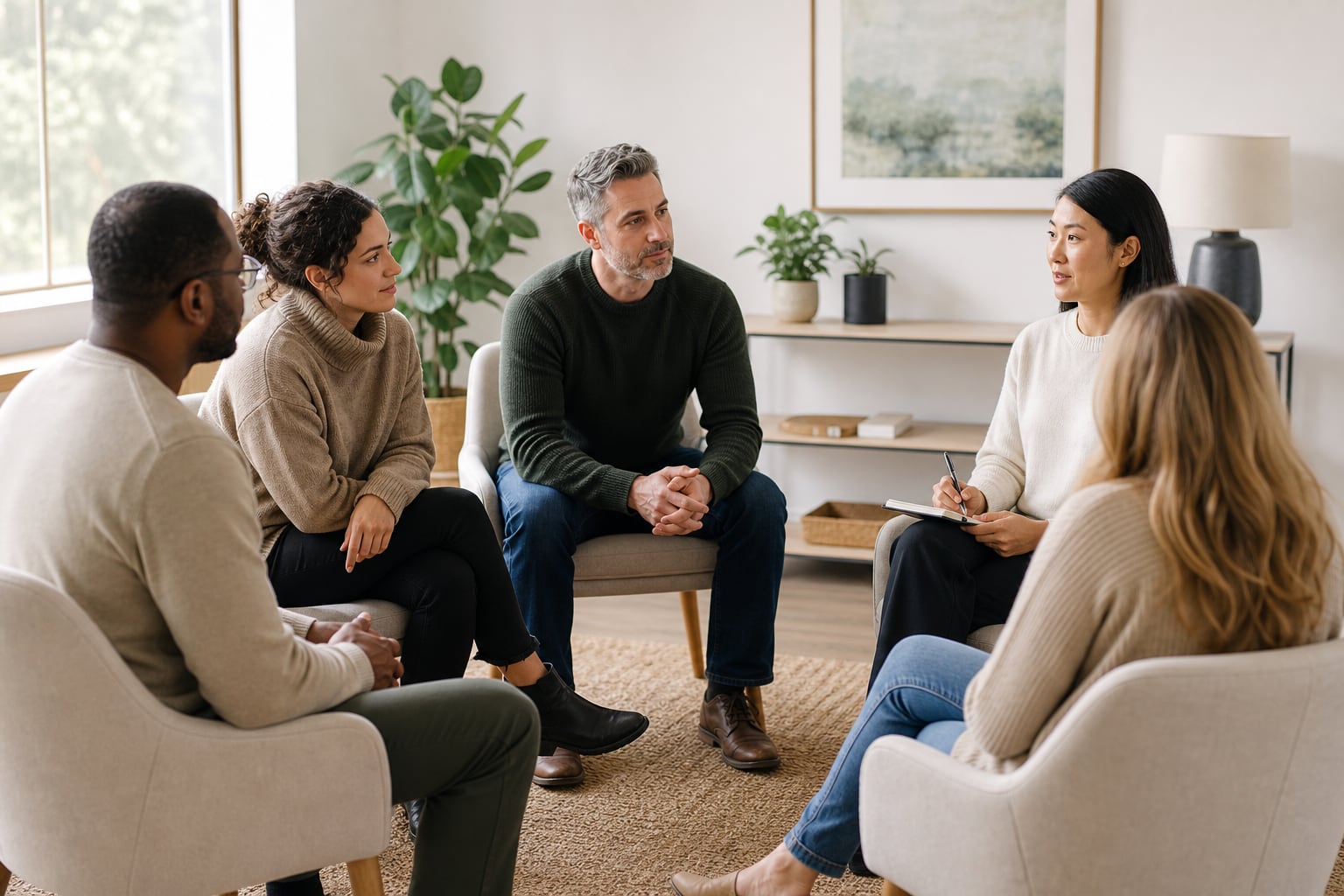 A small therapy group seated in a circle with a facilitator.