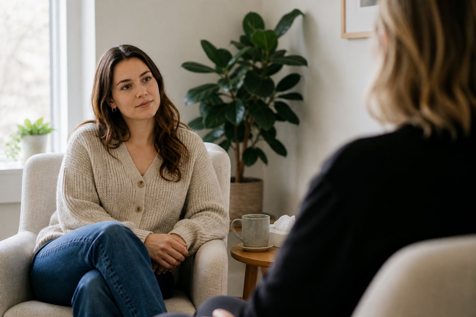 A client seated across from a therapist in a bright counseling office.