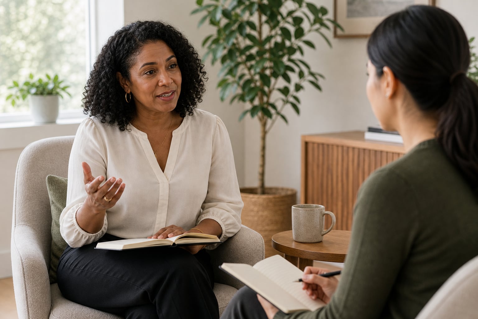 Two clinicians discussing supervision in a bright consultation room.